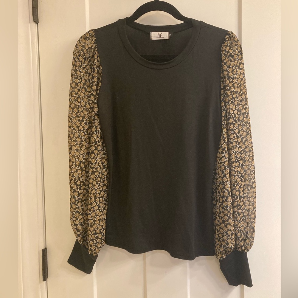 Chiffon Daisy Print Puff Sleeve Knit Pullover